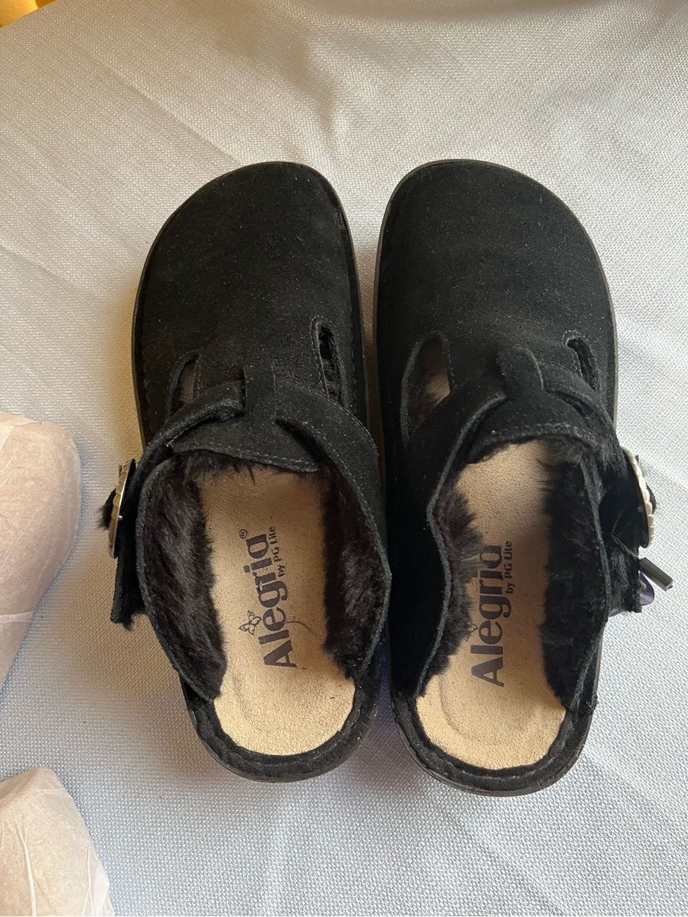 Alegria Black Suede Mary Jane Clog with Fur Trim